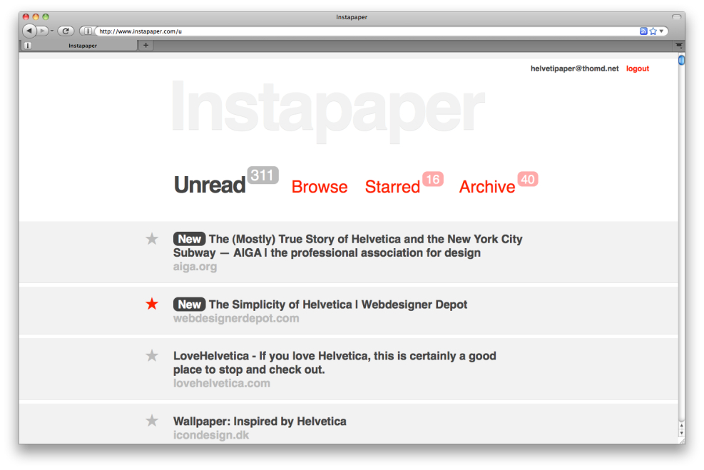 Screenshot of Instapaper with Helvetapaper theme
